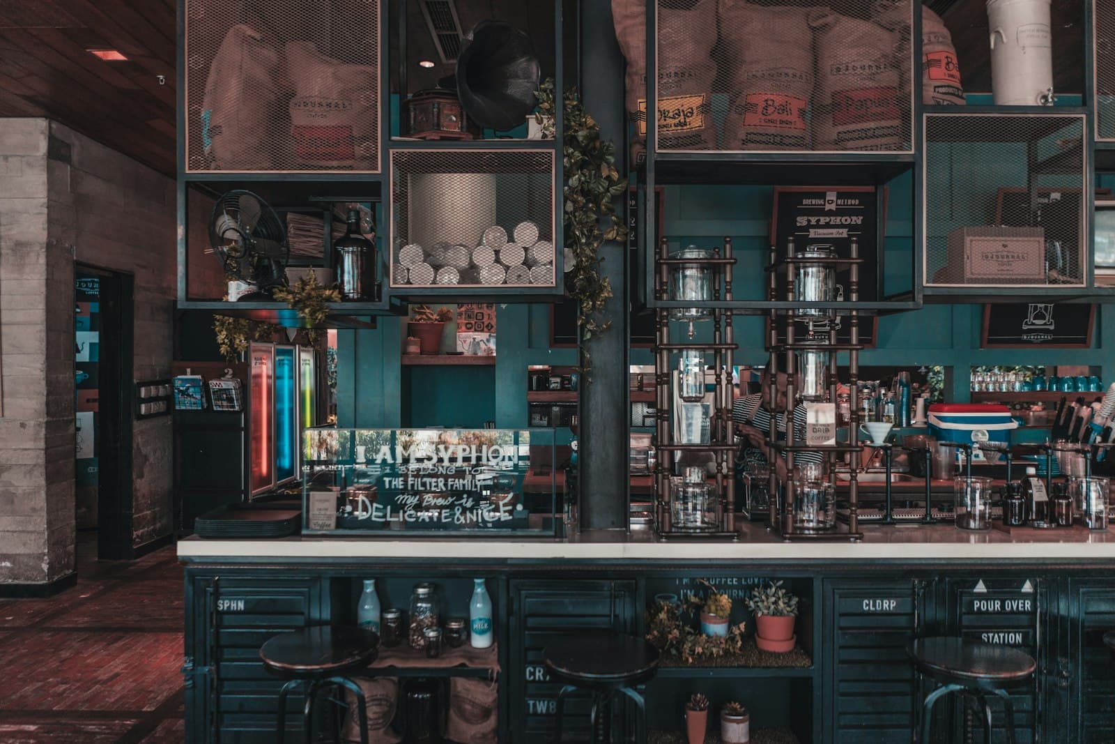 Bar counter with stools